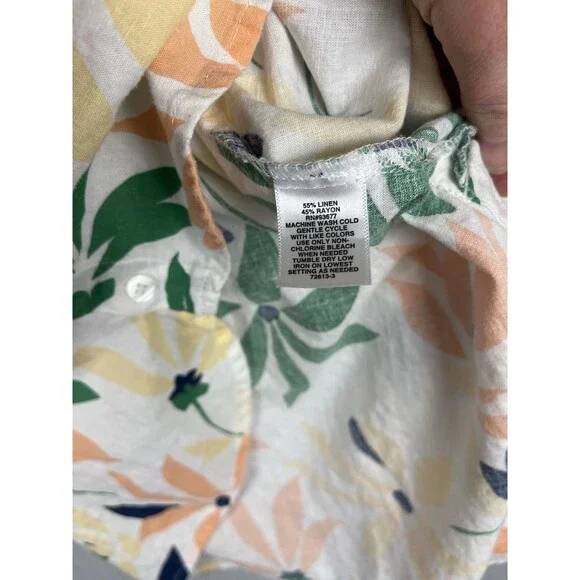 Liz Claiborne Linen Blend Tunic TopSplit Neck Colorful Floral Roll Tab Sleeves L - Picture 6 of 10